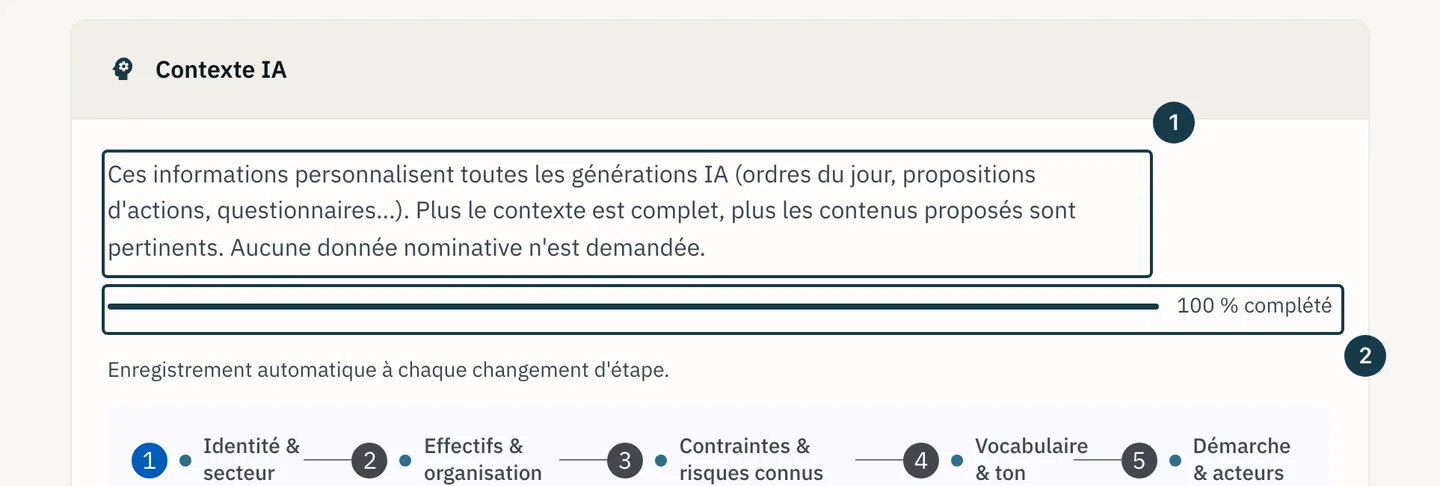 Écran « Paramètres IA » : l'introduction et la barre de complétion