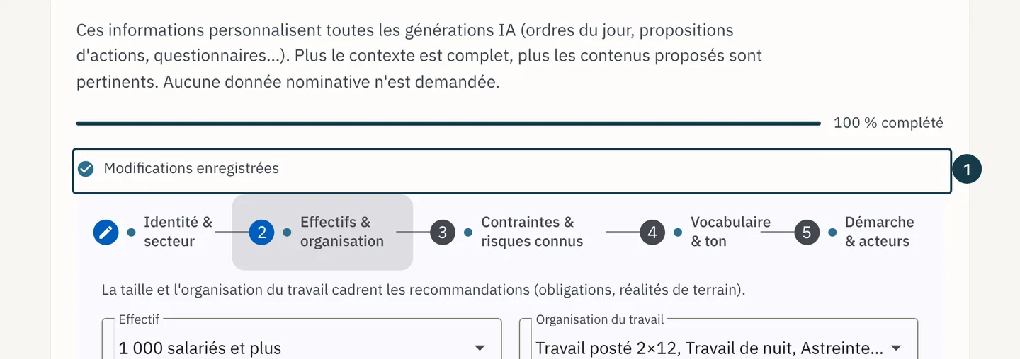 Écran « Paramètres IA » : la barre d'état après un changement d'étape