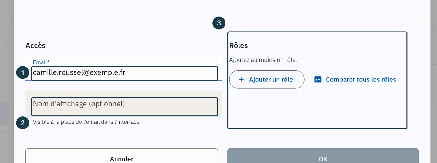 Écran « Utilisateurs » : les champs de la section « Accès » de la fenêtre « Nouvel utilisateur »