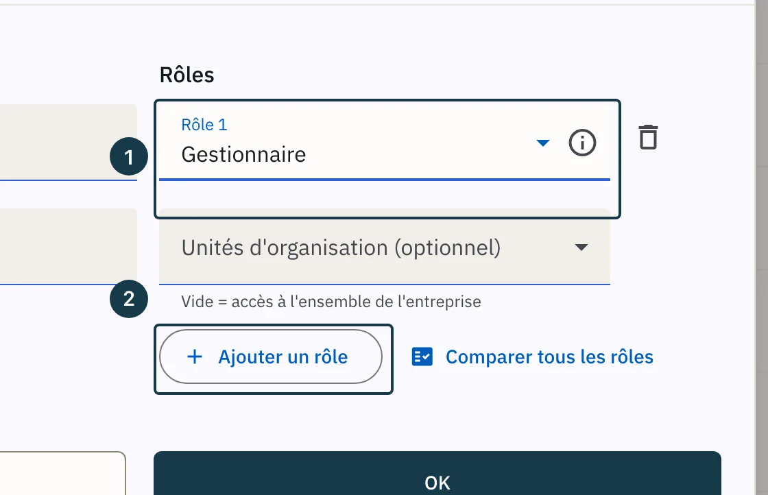 Écran « Utilisateurs » : le rôle choisi et le bouton « Ajouter un rôle » de la fenêtre