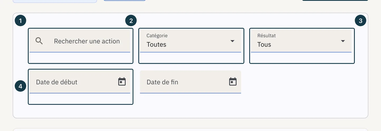 Écran « Journal d'audit » : le panneau de filtres déplié