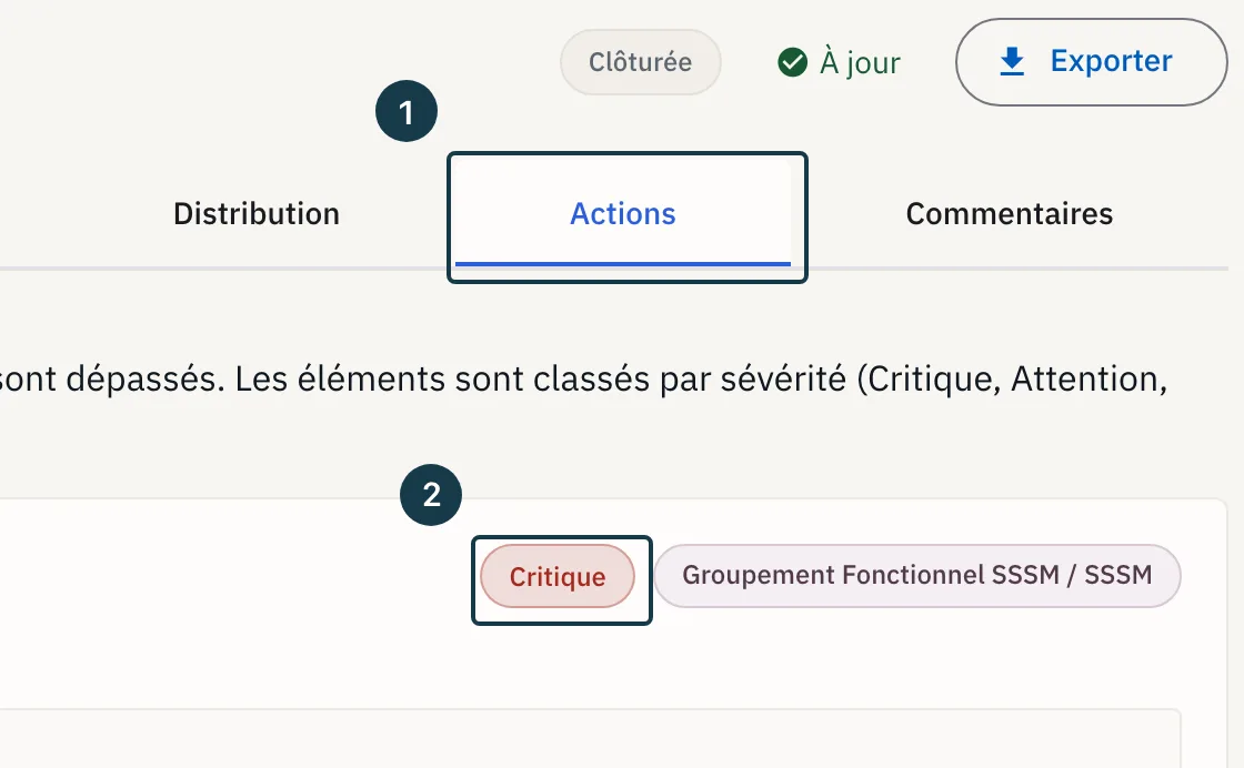 Écran des résultats : les alertes de l'onglet « Actions », classées par sévérité