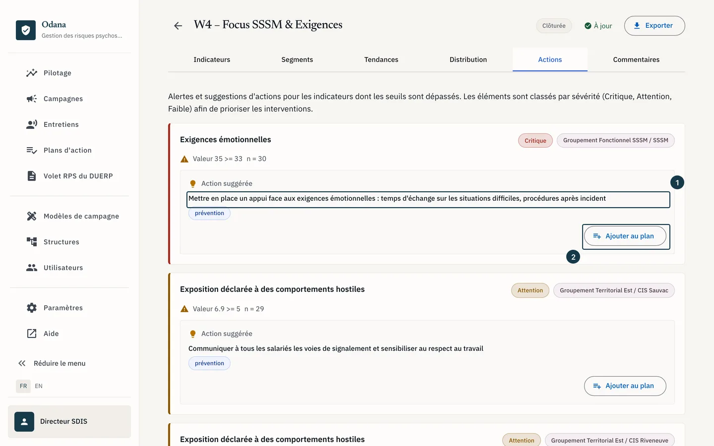 Écran des résultats : une carte d'alerte et son action suggérée