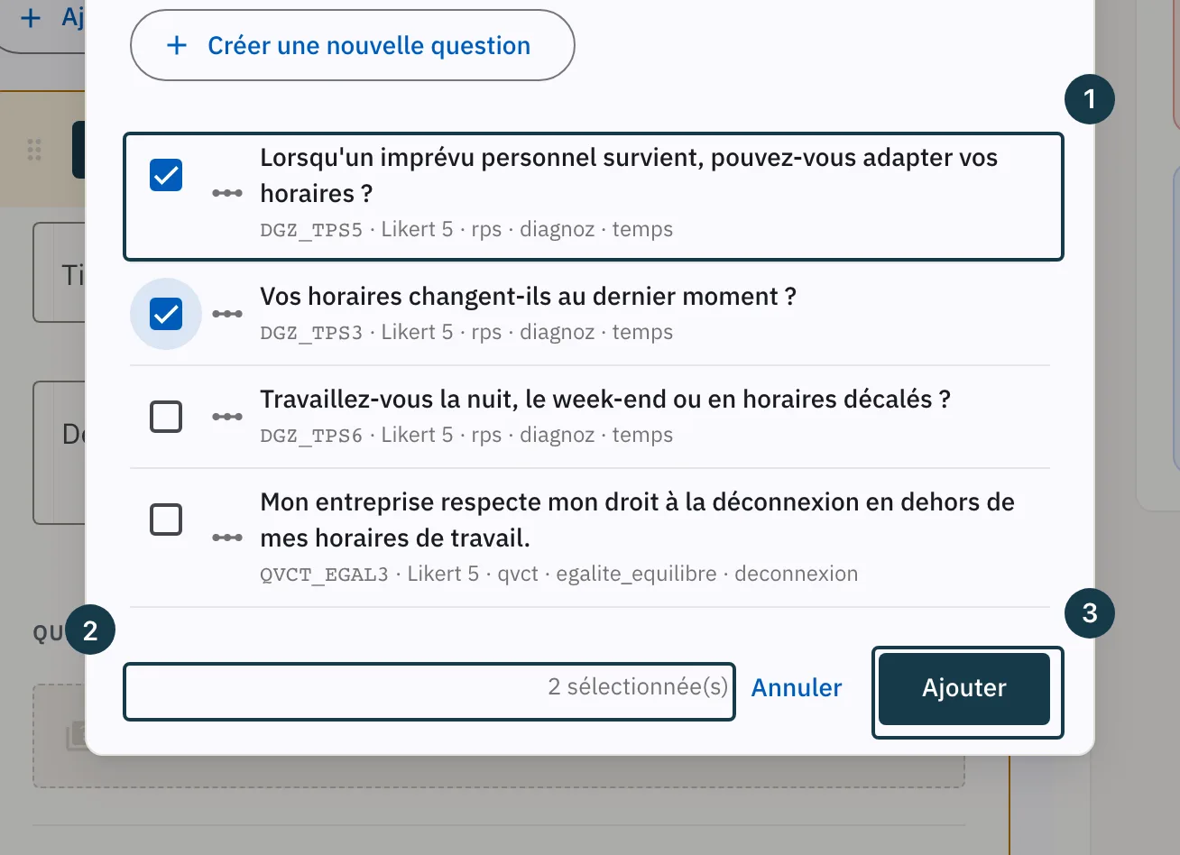Écran d'un modèle de campagne : les cases cochées et le compteur de sélection
