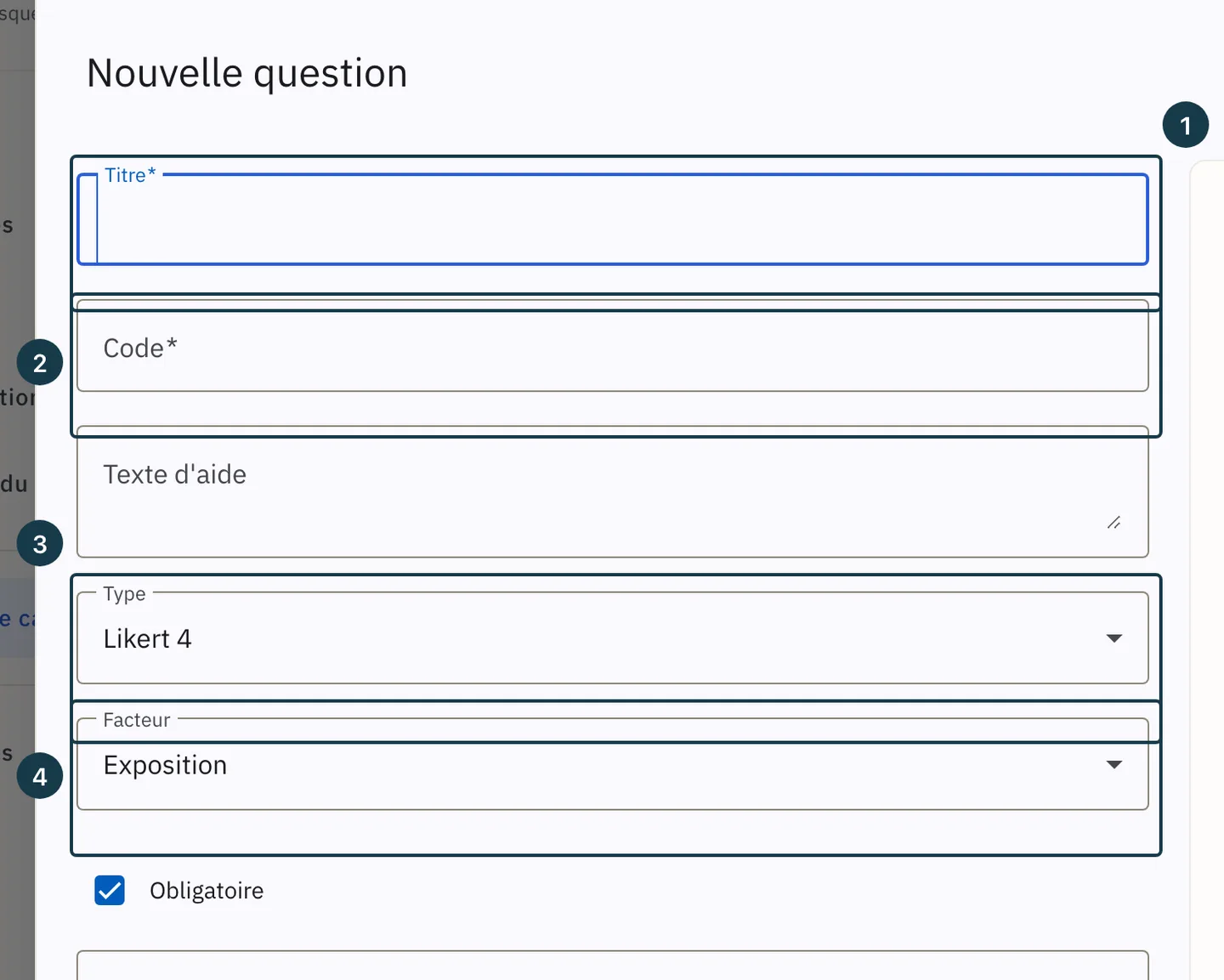 Écran d'un modèle de campagne : la fenêtre « Nouvelle question » et ses champs