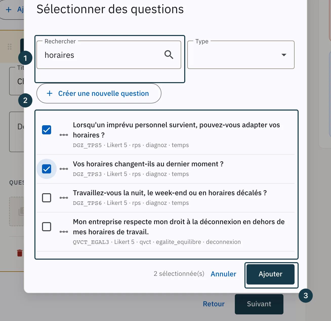 Écran d'un modèle de campagne : la fenêtre « Sélectionner des questions » et ses cases