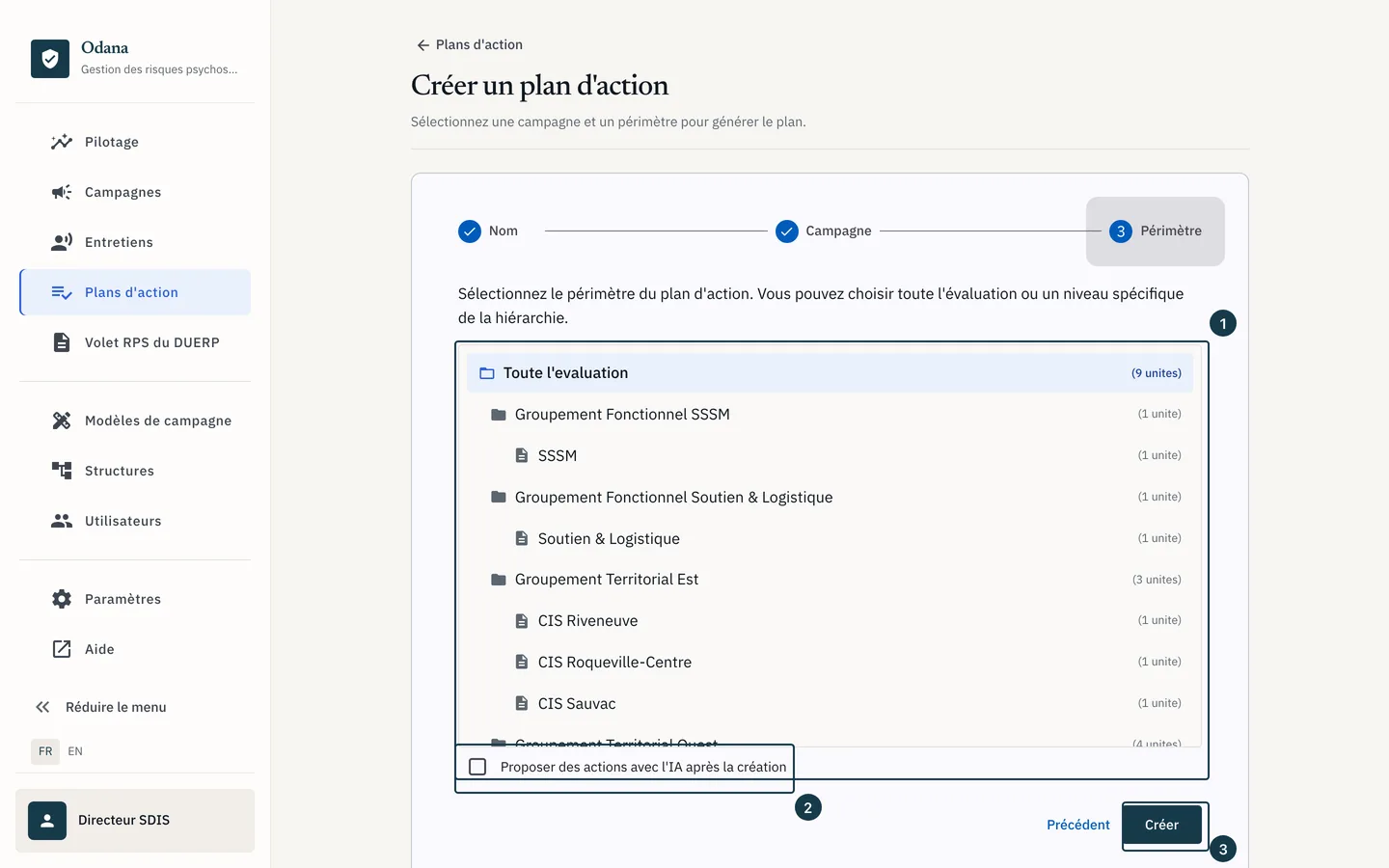 Écran « Créer un plan d'action » : le choix du périmètre et le bouton « Créer »