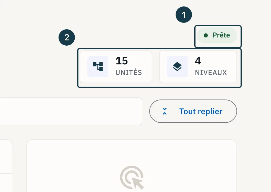 Écran d'une structure : le bandeau d'état et les compteurs « Unités » et « Niveaux »