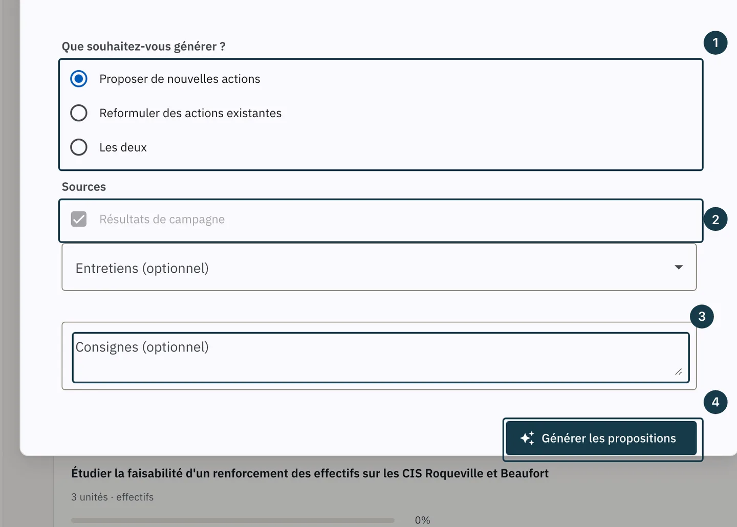 Écran d'un plan d'action&nbsp;: la fenêtre «&nbsp;Assistant IA&nbsp;» à l'étape «&nbsp;Options&nbsp;»