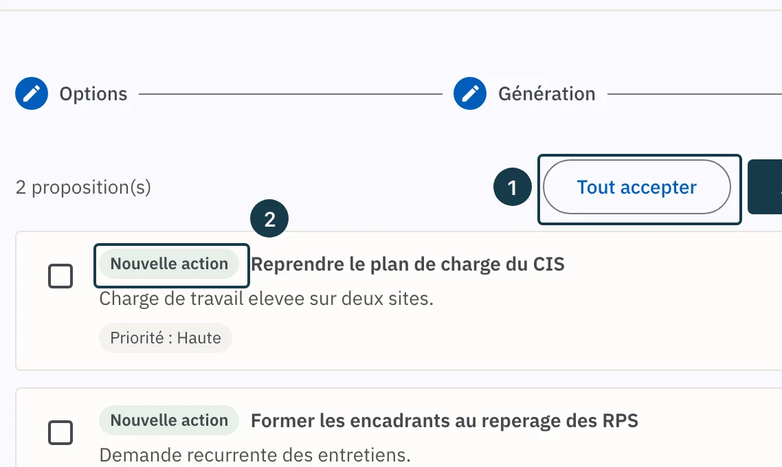 Écran d'un plan d'action&nbsp;: la liste des propositions et leurs étiquettes
