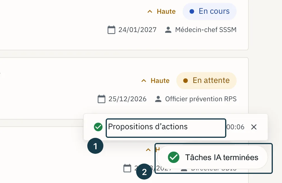Écran d'un plan d'action&nbsp;: la pastille de tâches dépliée sur sa ligne