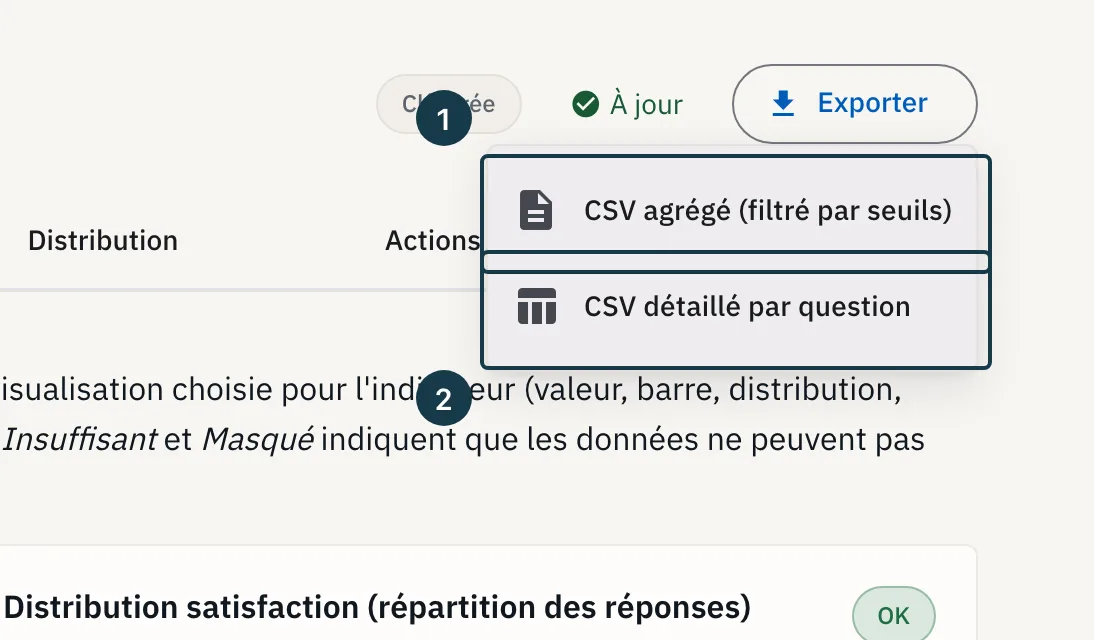 Écran des résultats : les deux entrées du menu d'export