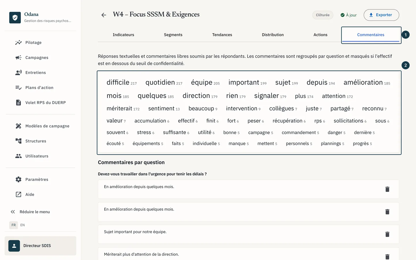 Écran des résultats : l'onglet « Commentaires » et le nuage de mots au-dessus de la liste