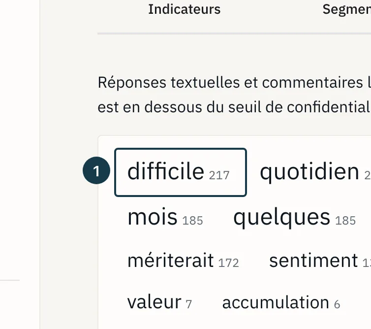 Écran des résultats : un mot du nuage et son compteur