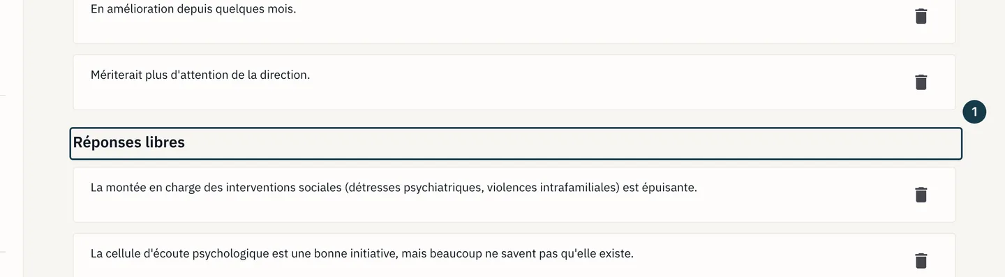 Écran des résultats : la section « Réponses libres », en bas de la page