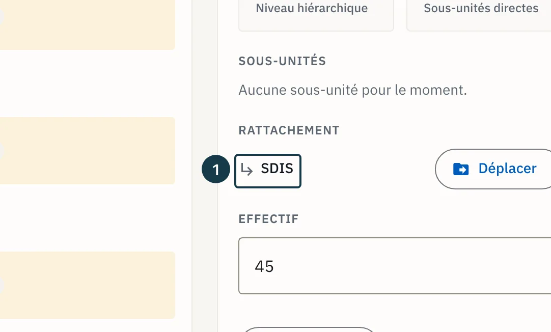 Écran d'une structure : la section « Rattachement » du rail de détail