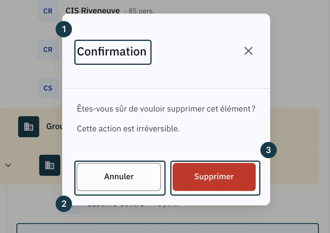 Écran d'une structure : la fenêtre de confirmation de suppression