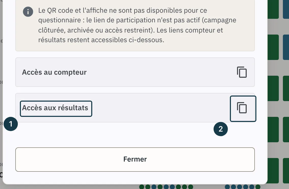 Écran d'une campagne : la fenêtre « Partager le questionnaire » et ses accès