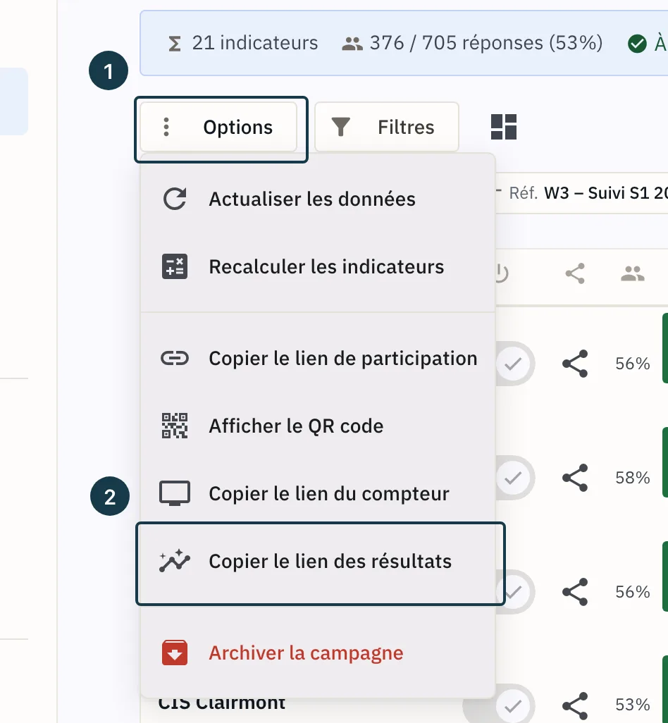 Écran d'une campagne : le menu « Options » ouvert sur ses entrées de copie