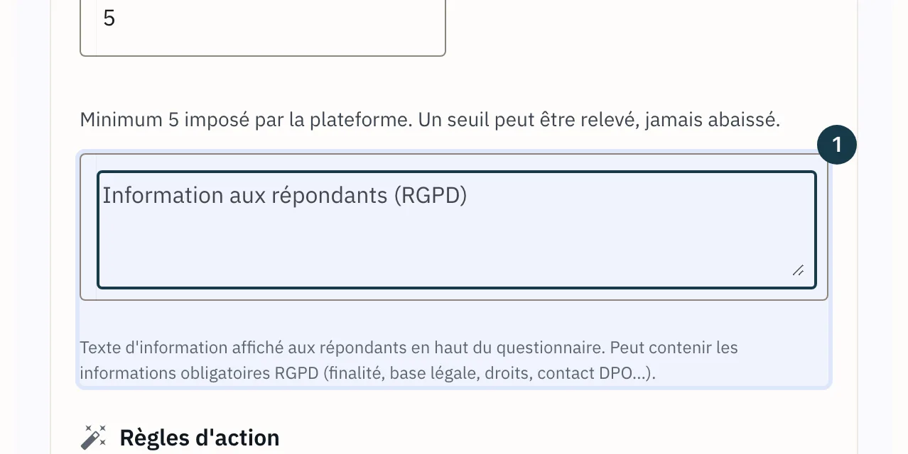 Écran d'un modèle de campagne : le champ d'information aux répondants