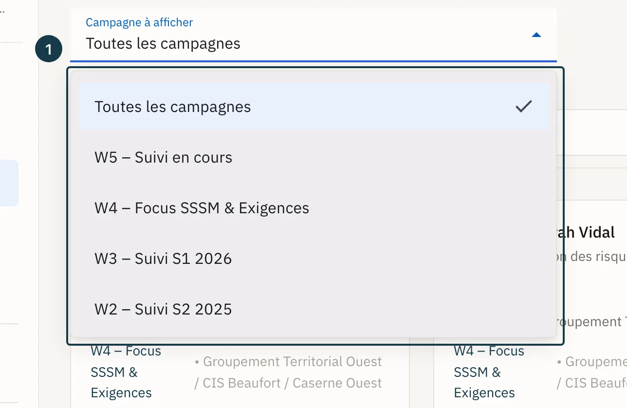 Écran « Entretiens » : le filtre « Campagne à afficher » ouvert sur ses options