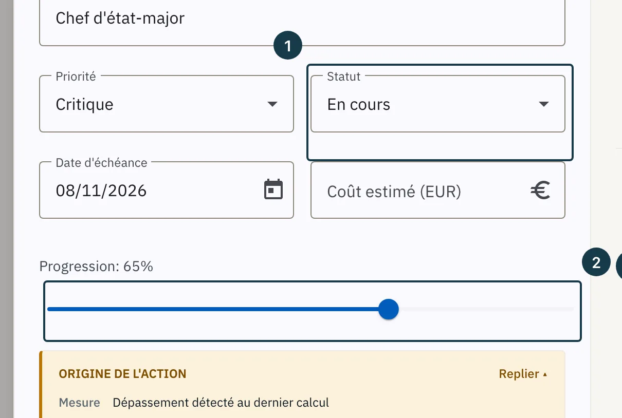Écran d'un plan d'action&nbsp;: le champ «&nbsp;Statut&nbsp;» et le curseur de progression