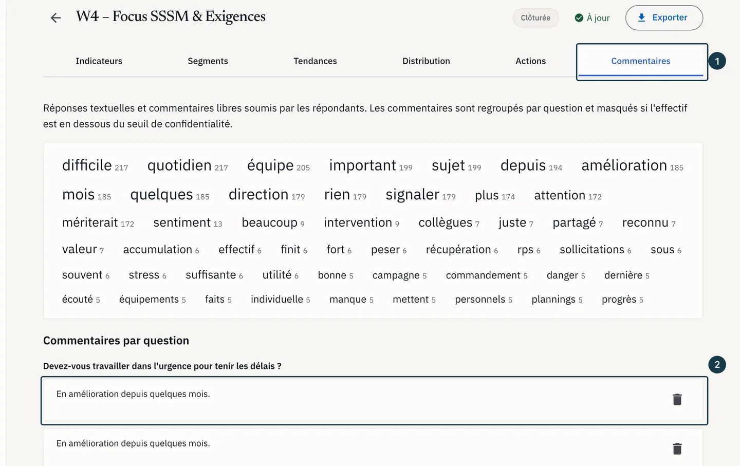 Écran des résultats : l'onglet « Commentaires » et la première carte de la liste