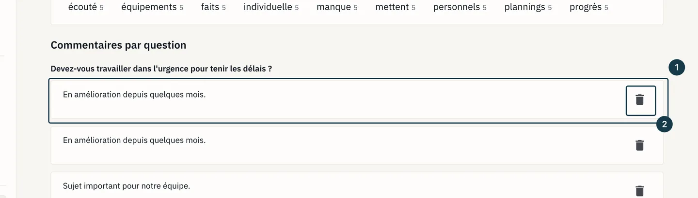 Écran des résultats : une carte de commentaire et sa corbeille
