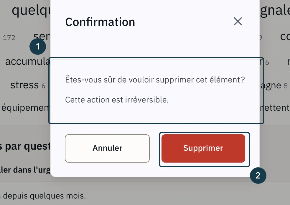 Écran des résultats : la fenêtre de confirmation posée sur la liste