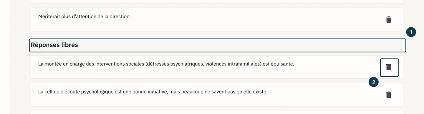 Écran des résultats : une carte de la section « Réponses libres » et sa corbeille