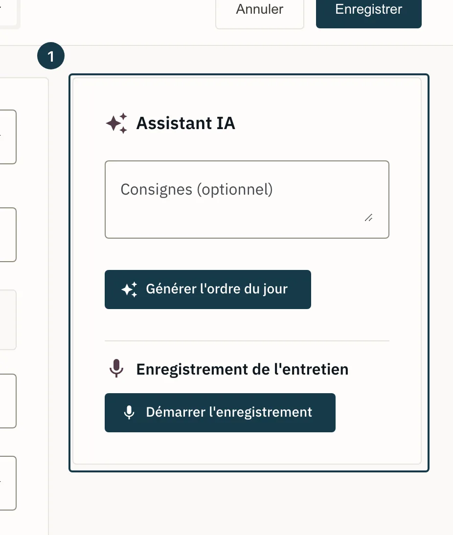Écran d'un entretien : le panneau « Assistant IA » à droite du formulaire