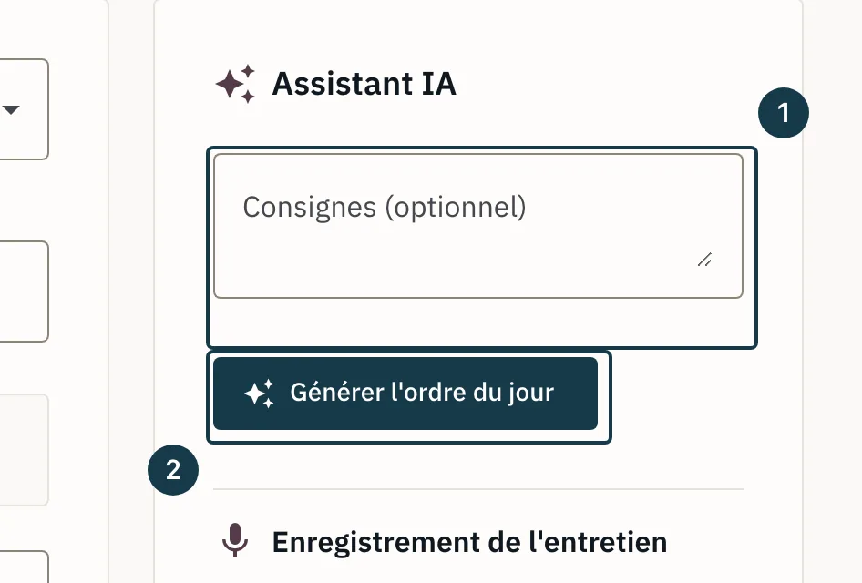 Écran d'un entretien : le champ de consignes et le bouton de génération