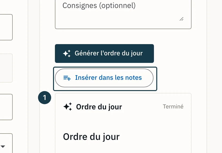 Écran d'un entretien : le bouton « Insérer dans les notes » sous la proposition