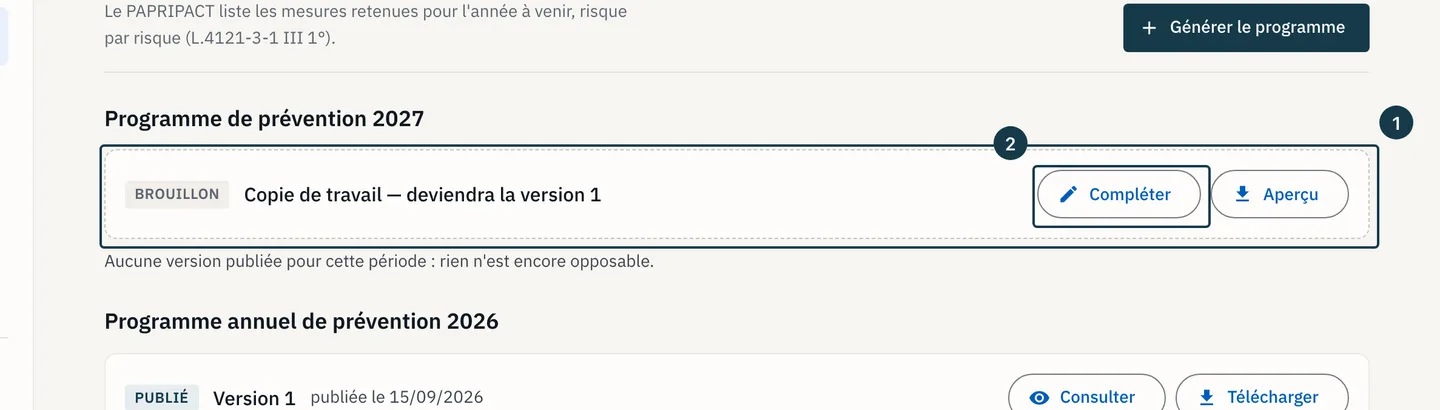 Écran « Programme annuel de prévention » : la ligne « Brouillon » et le bouton « Compléter »