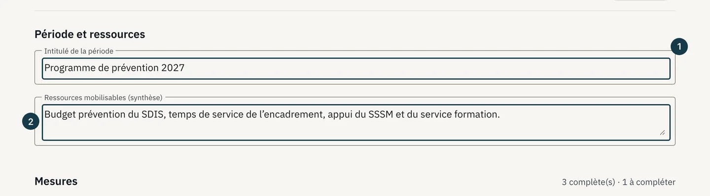 Écran « Programme annuel de prévention » : les deux champs de la section « Période et ressources »