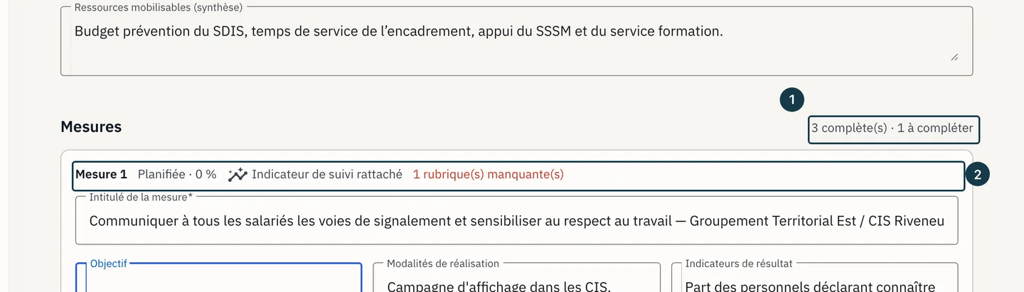 Écran « Programme annuel de prévention » : le compteur des mesures et l'en-tête de la première mesure