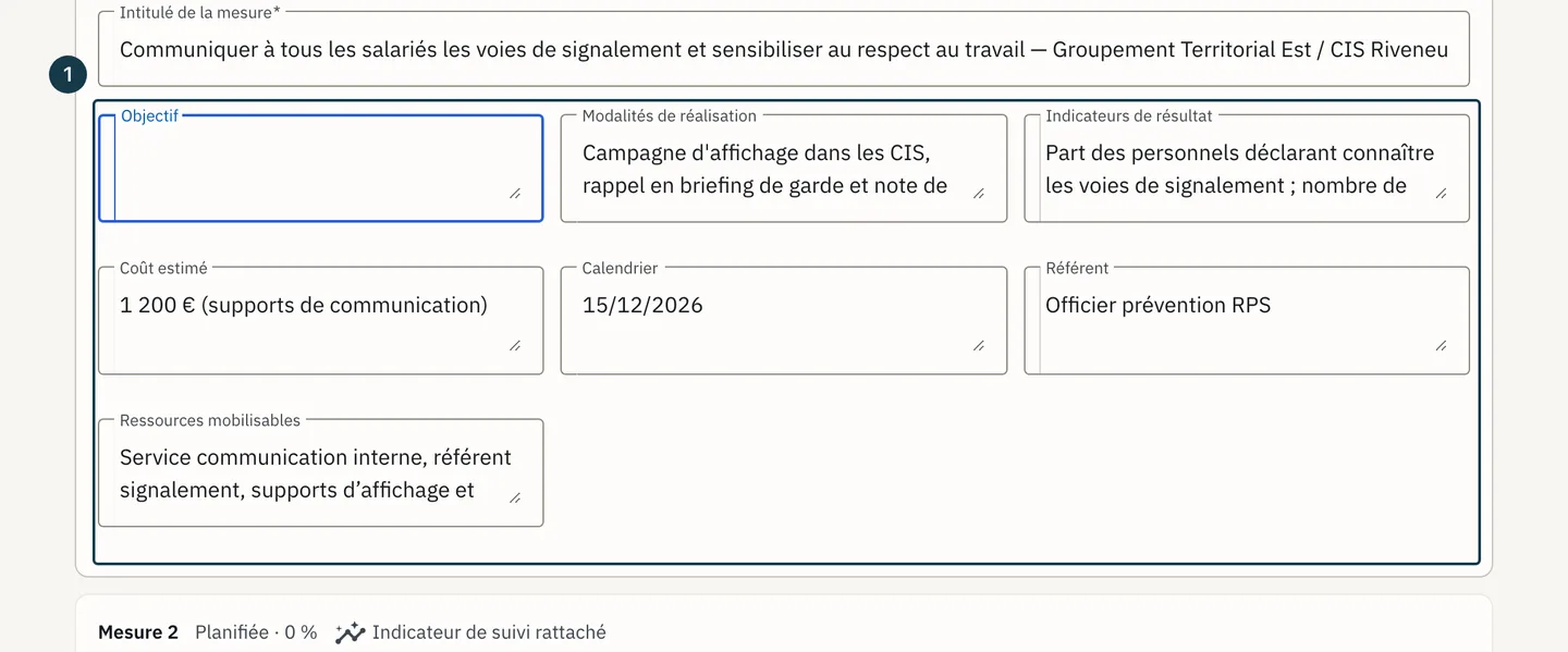 Écran « Programme annuel de prévention » : les sept rubriques d'une mesure