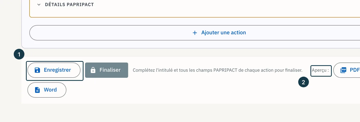 Écran du volet RPS : la barre d'actions, « Enregistrer » et les trois aperçus