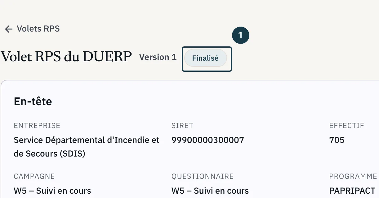Écran du volet RPS : le badge « Finalisé » en tête de page