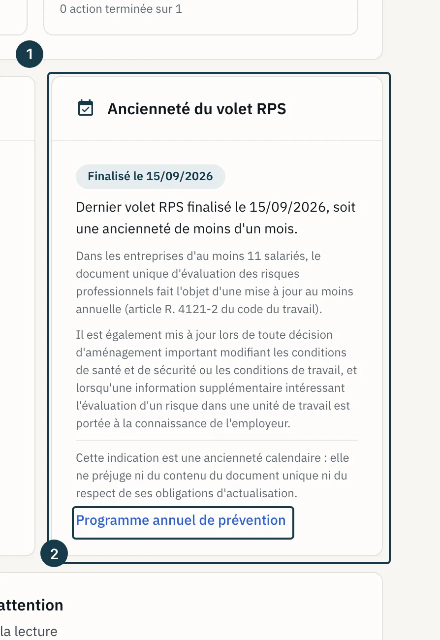 Écran « Cockpit » : le lien « Programme annuel de prévention » sur la tuile d'ancienneté