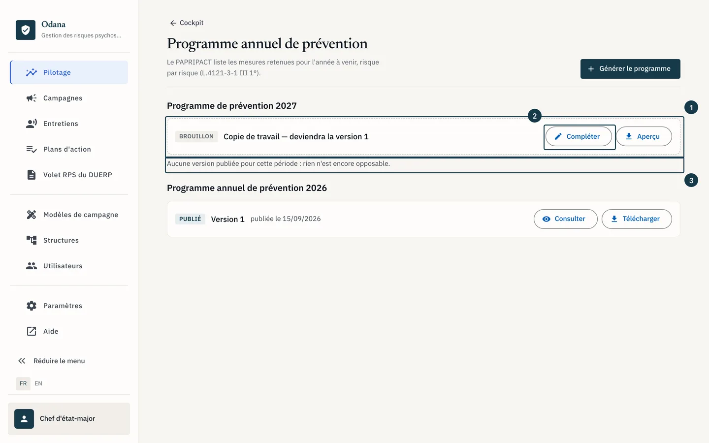 Écran « Programme annuel de prévention » : la ligne « Brouillon » de la nouvelle période