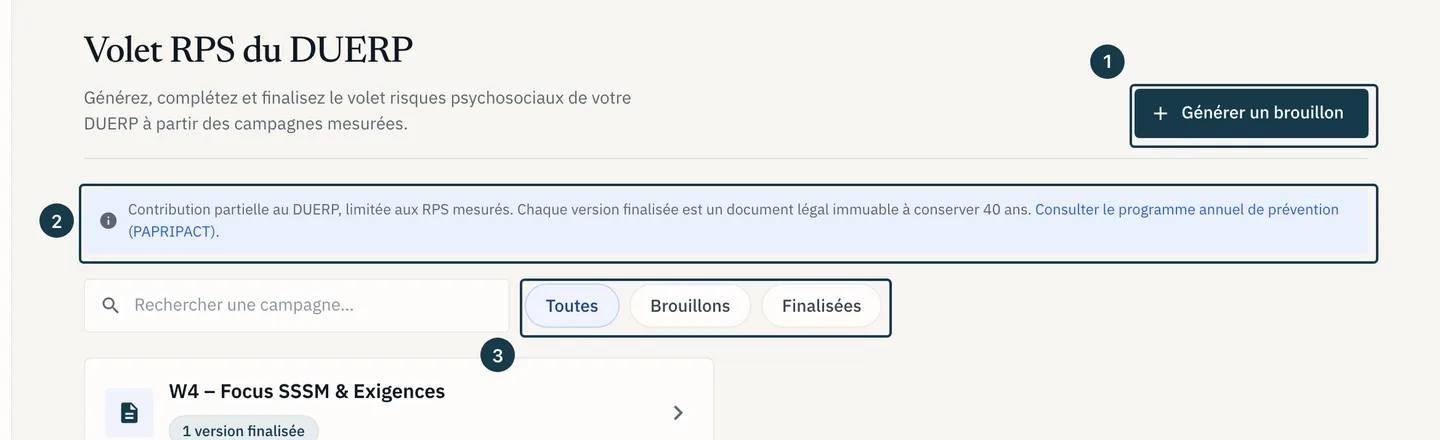 Écran « Volet RPS du DUERP » : le bouton « Générer un brouillon » et la liste des versions