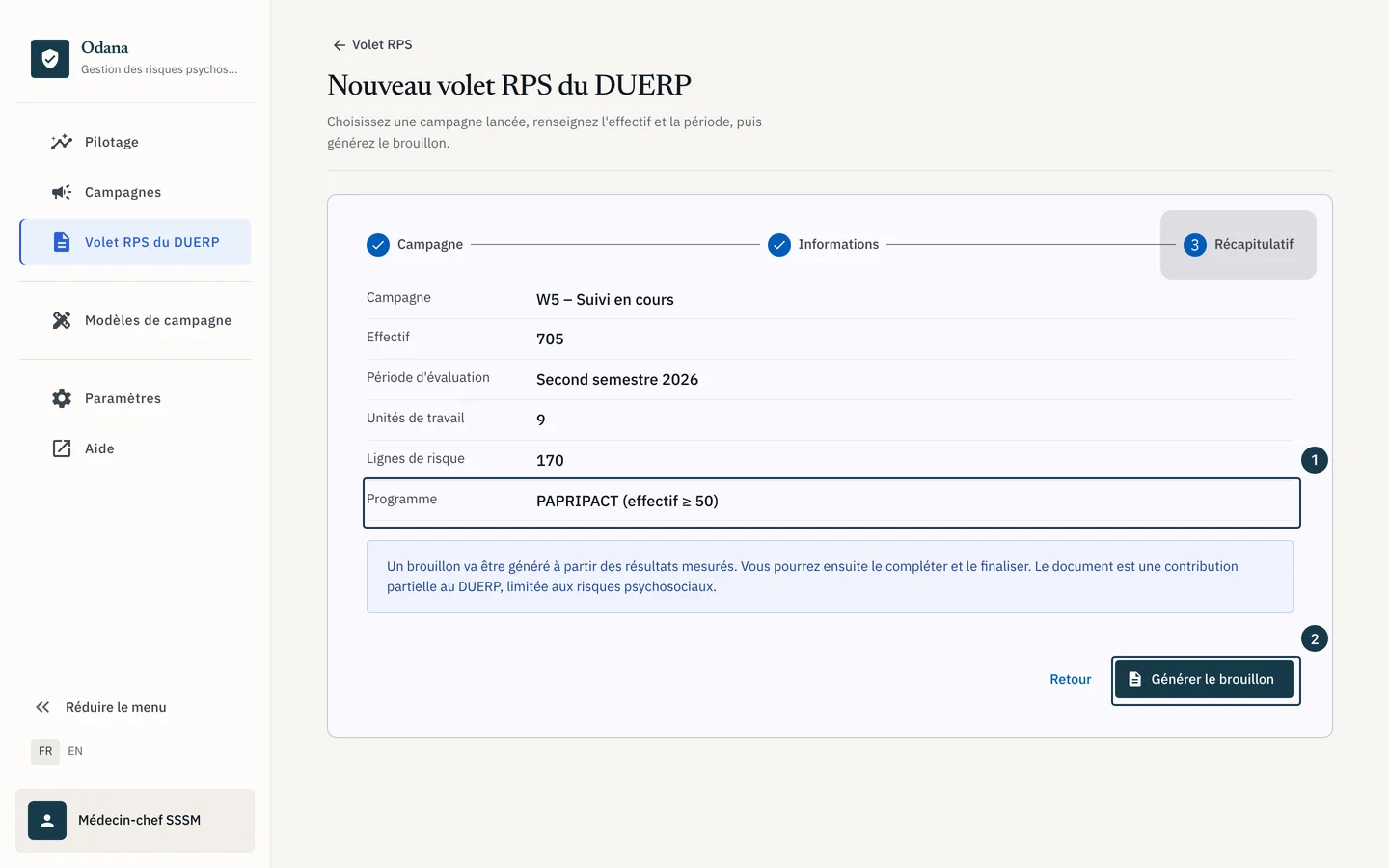 Écran « Nouveau volet RPS du DUERP » : le récapitulatif avant génération