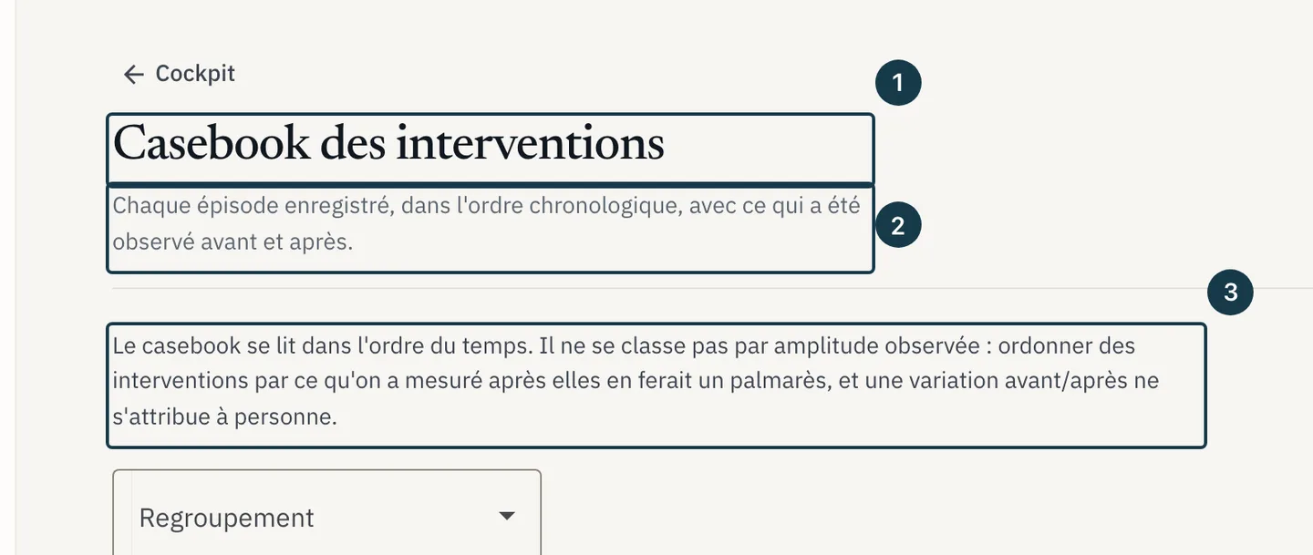 Écran « Casebook des interventions » : le titre, le sous-titre et le principe