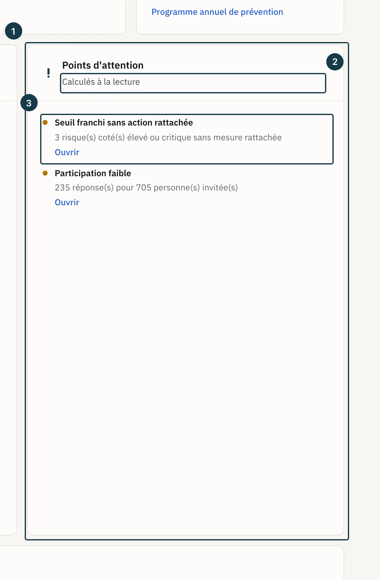 Écran « Cockpit » : la tuile « Points d'attention », son sous-titre et sa première ligne