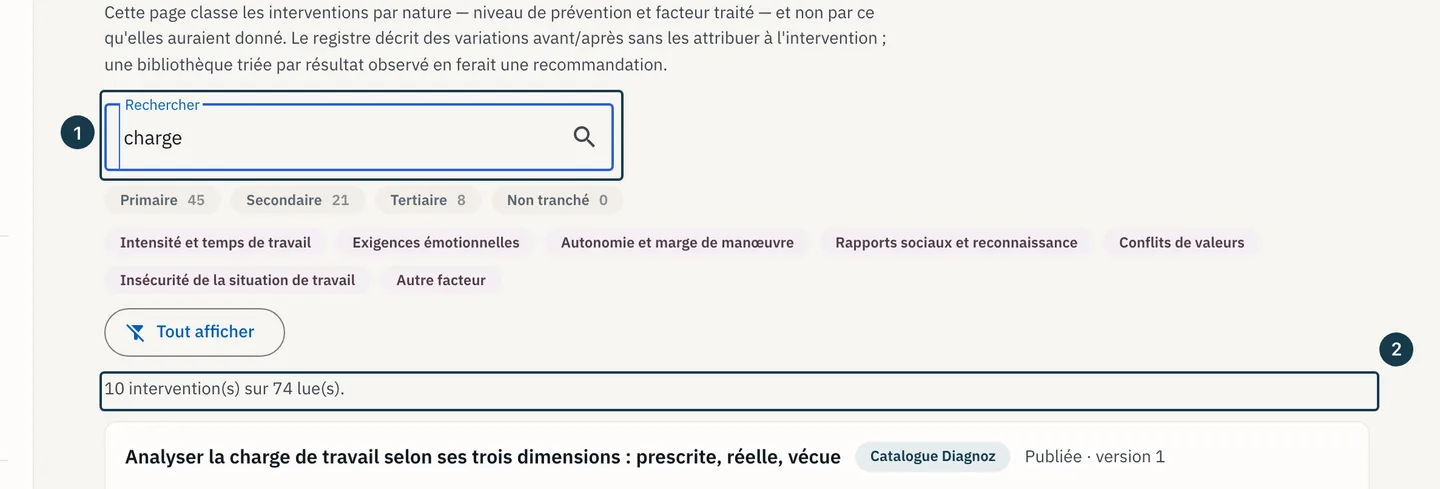 Écran «&nbsp;Bibliothèque d'interventions&nbsp;»&nbsp;: le champ «&nbsp;Rechercher&nbsp;» et la ligne de comptage