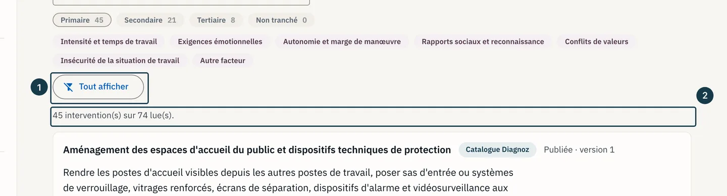Écran «&nbsp;Bibliothèque d'interventions&nbsp;»&nbsp;: le bouton «&nbsp;Tout afficher&nbsp;» et le comptage