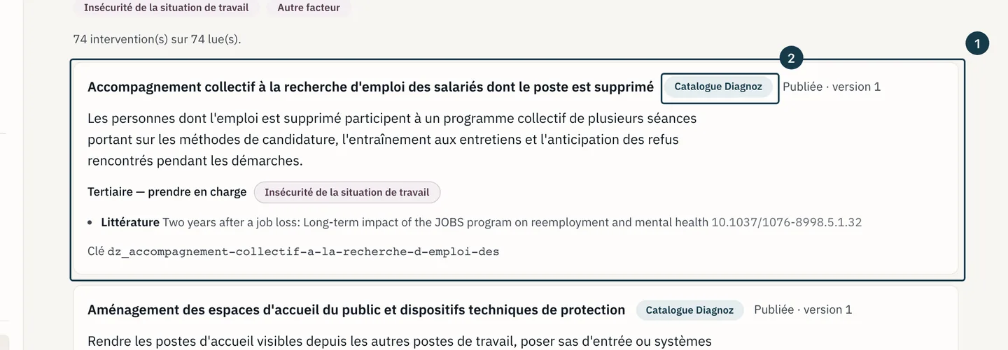 Écran «&nbsp;Bibliothèque d'interventions&nbsp;»&nbsp;: une carte d'intervention et ses mentions