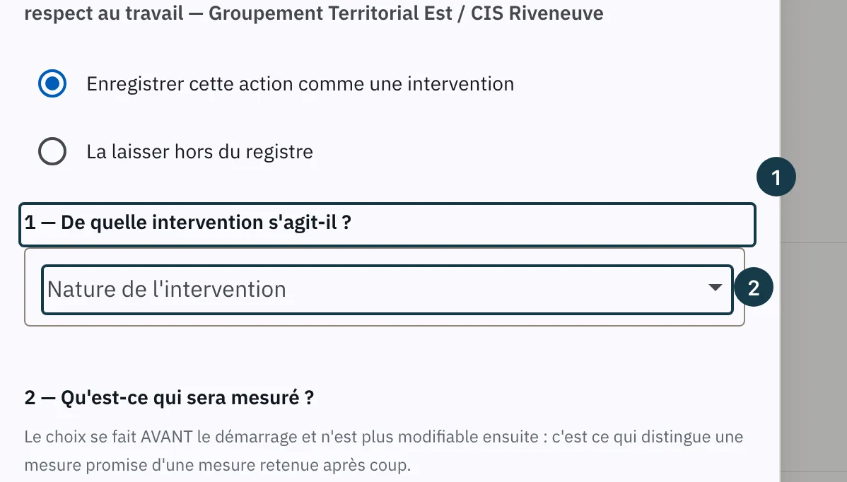 Écran « Actions transverses » : le premier temps de la fenêtre et la liste des natures d'intervention