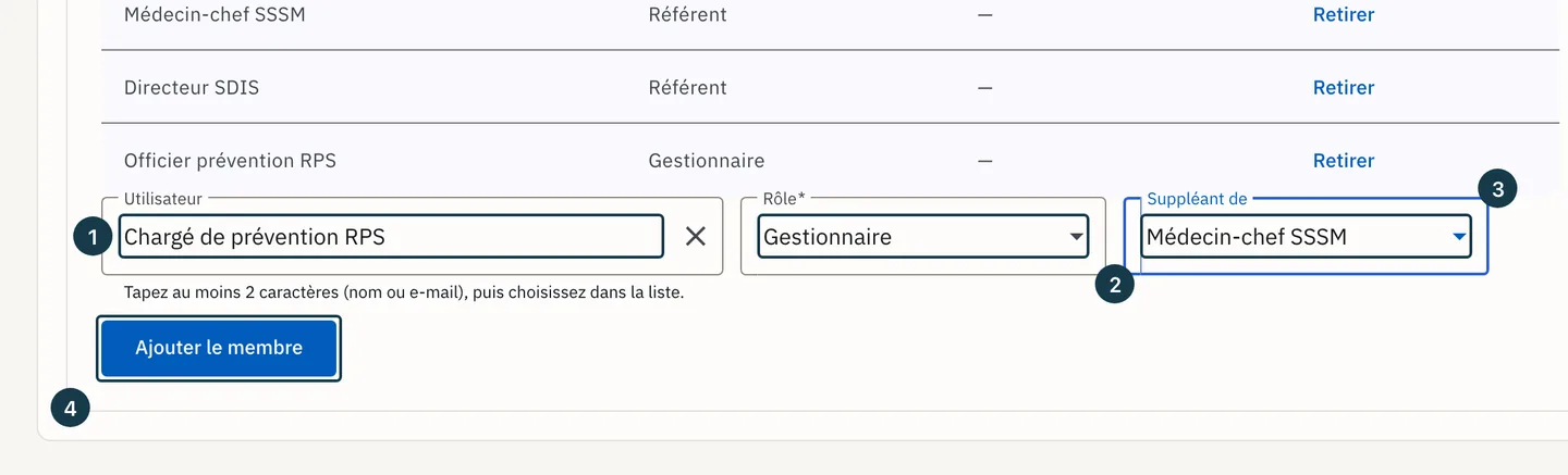 Écran « Administration » : le formulaire d'ajout rempli, avec la liste « Suppléant de »